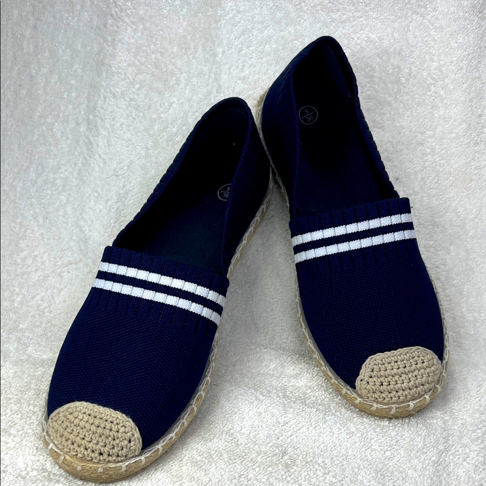 Navy Blue Espadrille Flats with White Stripes
